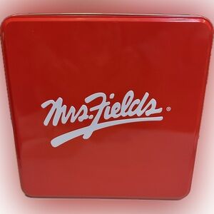 MRS FIELDS COLLECTIBLE COOKIE TIN STORAGE CONTAINER RED WHITE BAKE GIFT STORE 9”